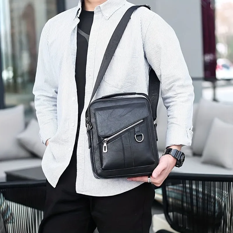 1pc Men's PU Leather Shoulder Bag, Large Capacity Casual Messenger Bag, Simple Business Trendy Sling Bag