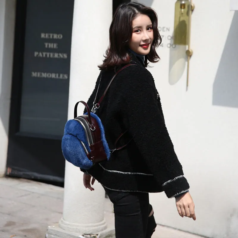 2022 New Women's Real Mink Fur Backpack Fashion Female Fur Shoulder Bags Cowhide Backpack Female Crossbody Bags 8824