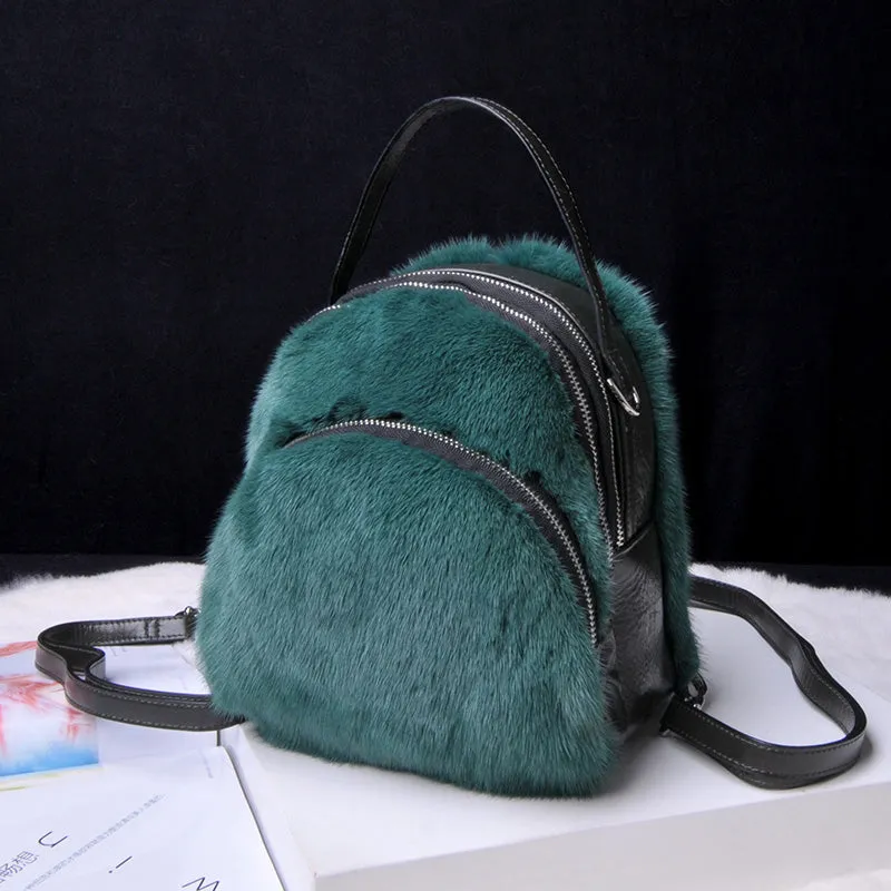 2022 New Women's Real Mink Fur Backpack Fashion Female Fur Shoulder Bags Cowhide Backpack Female Crossbody Bags 8824