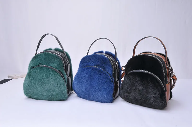 2022 New Women's Real Mink Fur Backpack Fashion Female Fur Shoulder Bags Cowhide Backpack Female Crossbody Bags 8824