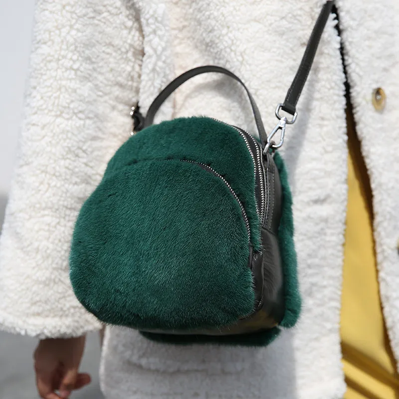 2022 New Women's Real Mink Fur Backpack Fashion Female Fur Shoulder Bags Cowhide Backpack Female Crossbody Bags 8824