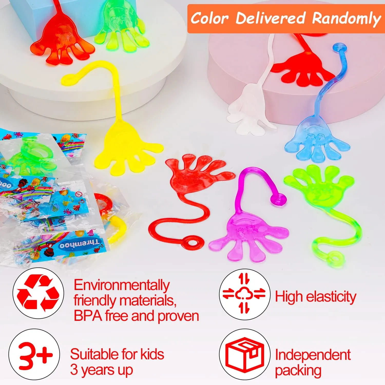 40 Pcs Sticky Hands For Kids Class Valentine Exchange Gift Stretchy Treasure Box Toy Classroom Prize Student Mini Toys Bulk Prize Fillers Slap Hand Party Favor Supplies Goodie Bag Stuffer Boy Girl