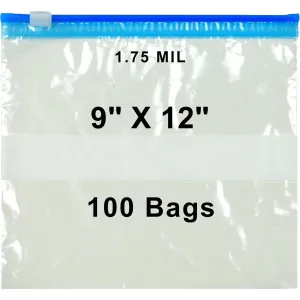 9X12 inches Slide Seal Bags No Leak w/ White Block 1.75 Mil LDPE