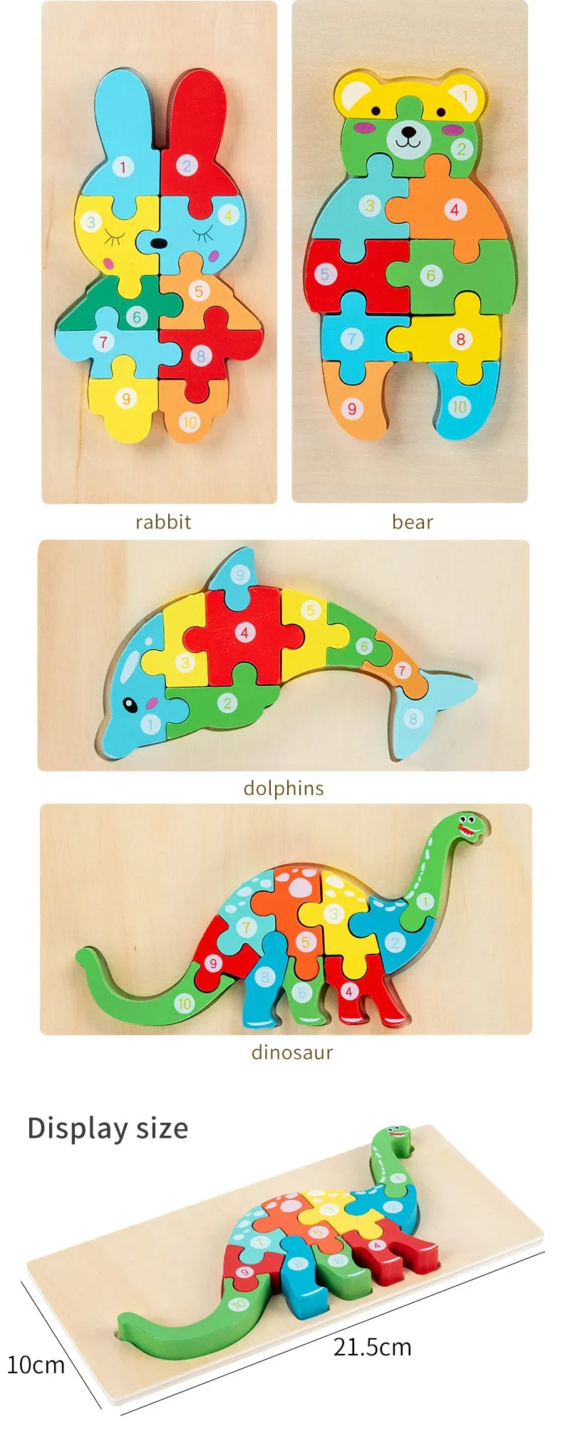Animal Wooden Puzzles for Toddlers, Colors and Counting Building Toys and Toddler Games, Montessori Toys Wood Blocks, Toddler gift, Kids Christmas gift C149