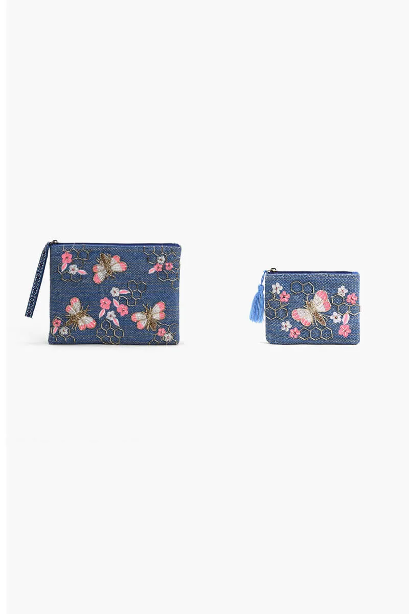 Beaded Bee Embellished Wristlet and Mini Pouch Set
