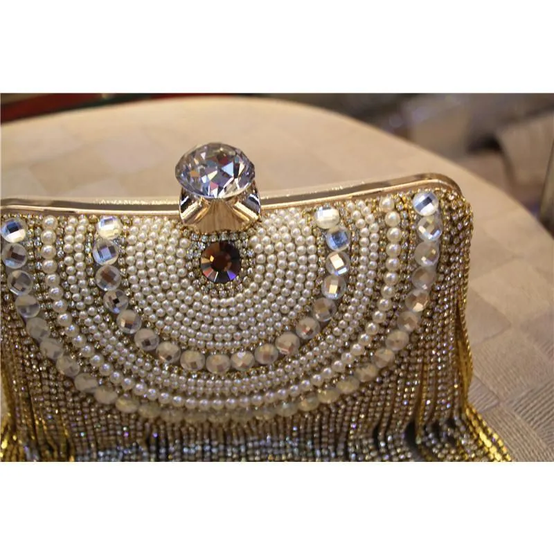 Beaded Tassel Evening Gold Clutch