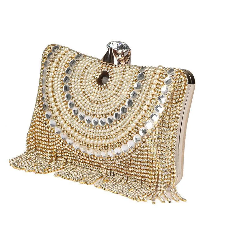 Beaded Tassel Evening Gold Clutch