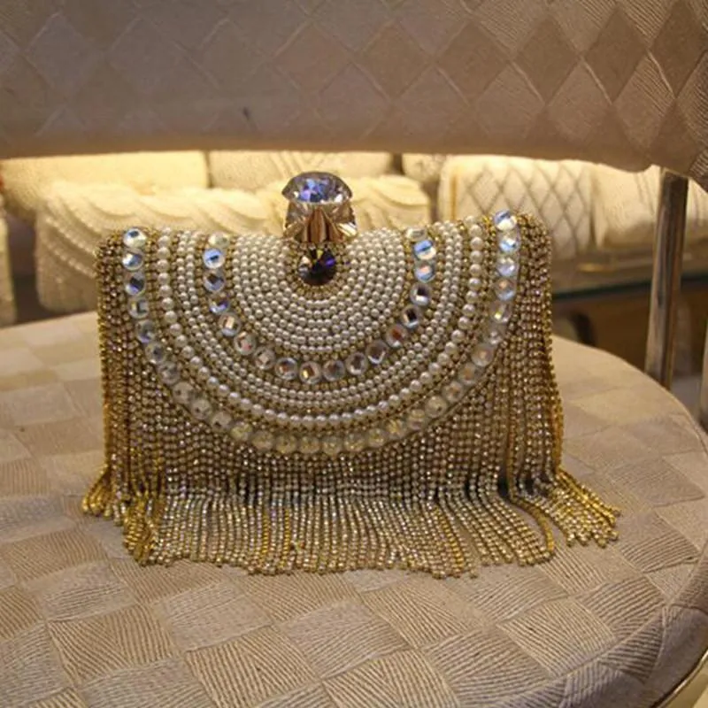Beaded Tassel Evening Gold Clutch