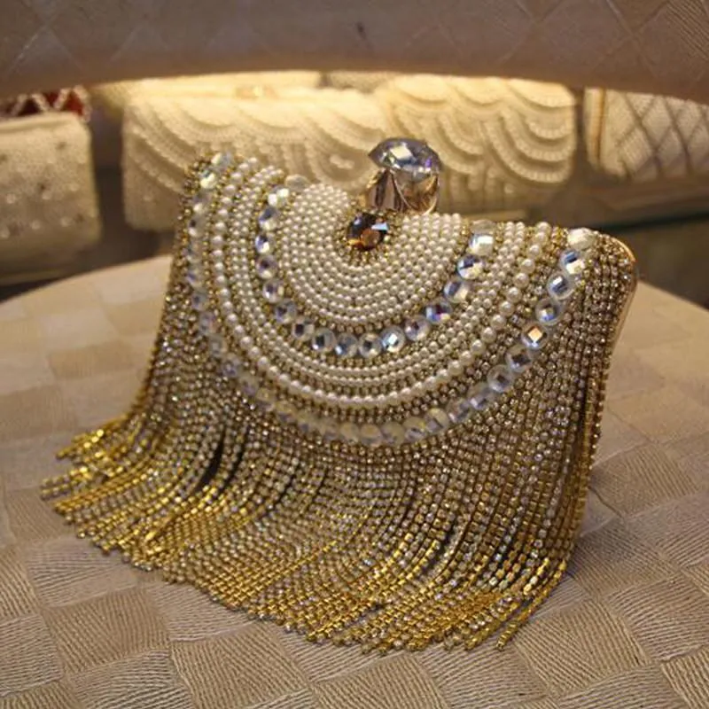 Beaded Tassel Evening Gold Clutch