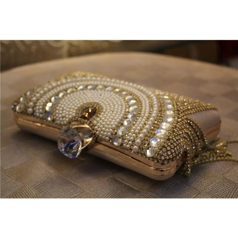Beaded Tassel Evening Gold Clutch