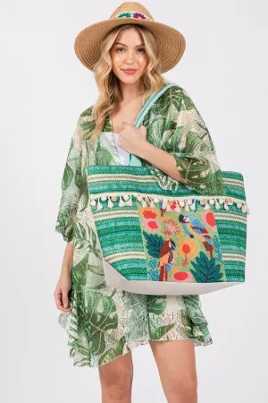 Bird and Tassel Beaded Tote Bag