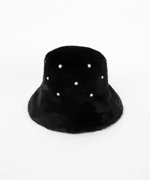 Black Faux Fur Bucket Hat with Pearl Embellishments