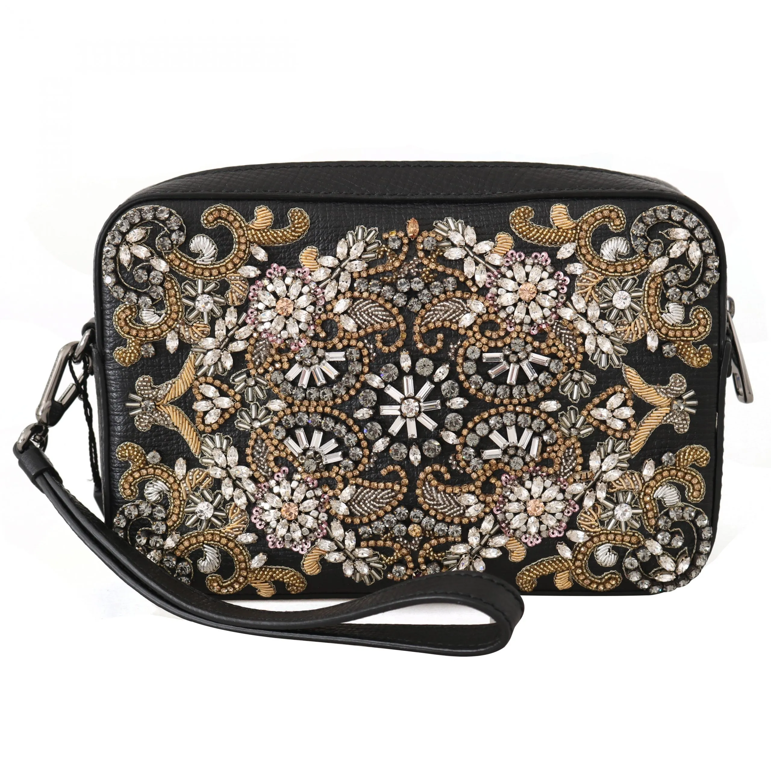 Black Leather Crystal Beaded Clutch Toiletry Wallet