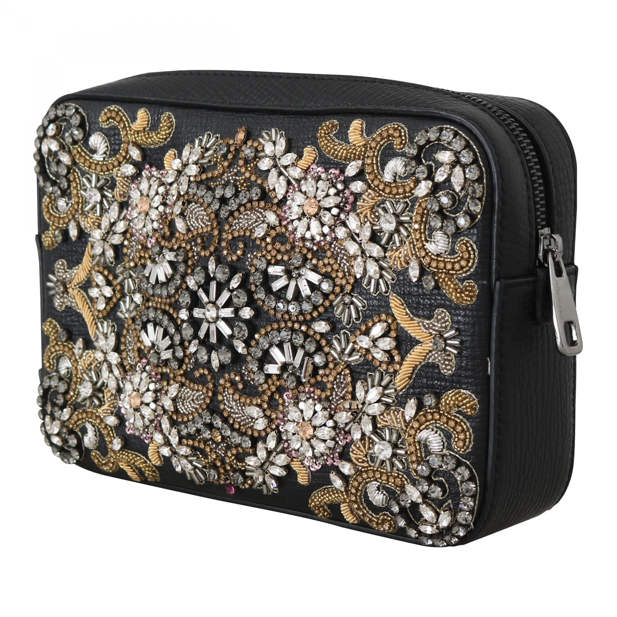 Black Leather Crystal Beaded Clutch Toiletry Wallet