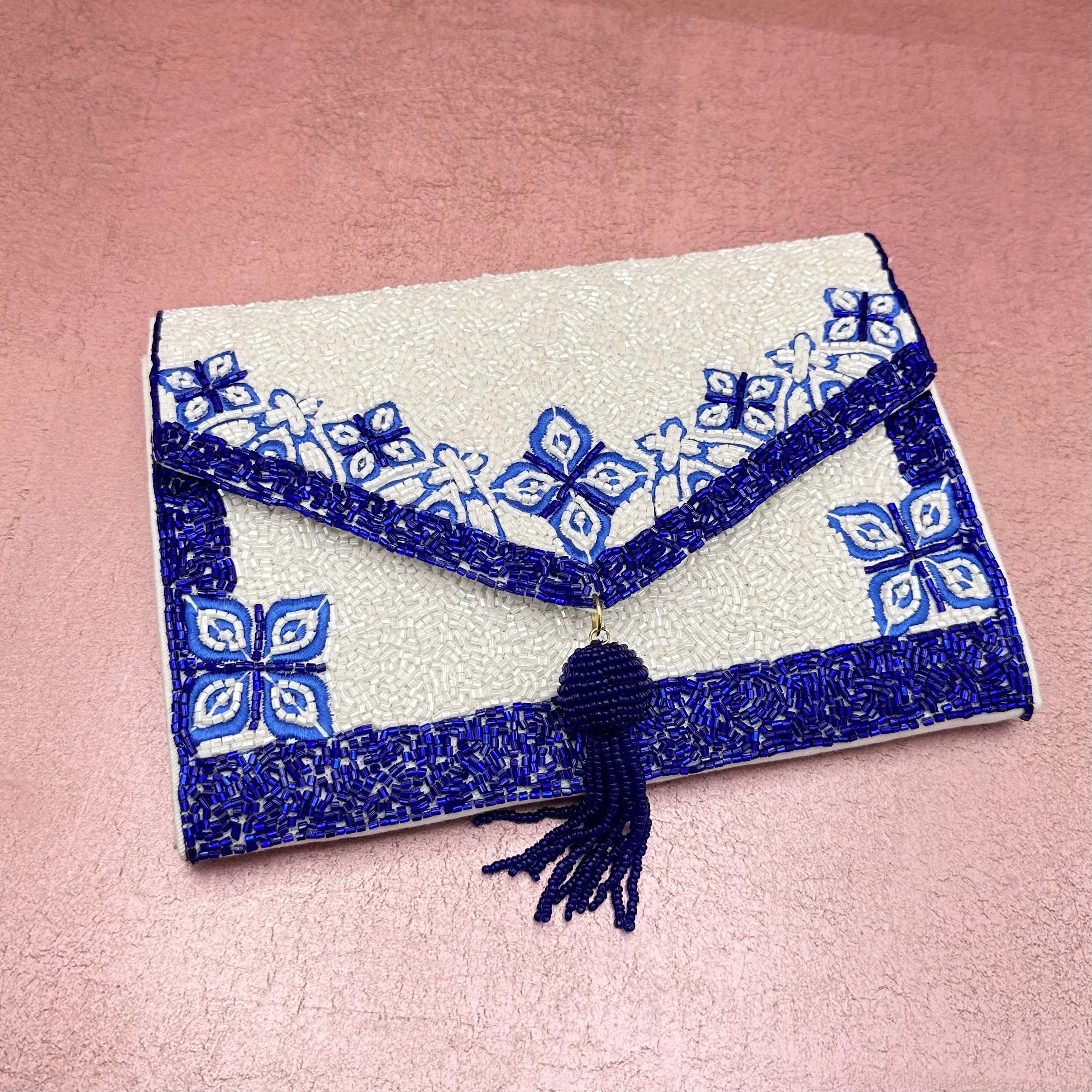 Blue Floral Tassel Beaded Clutch