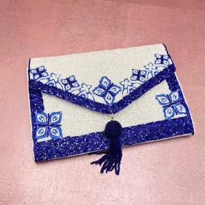 Blue Floral Tassel Beaded Clutch