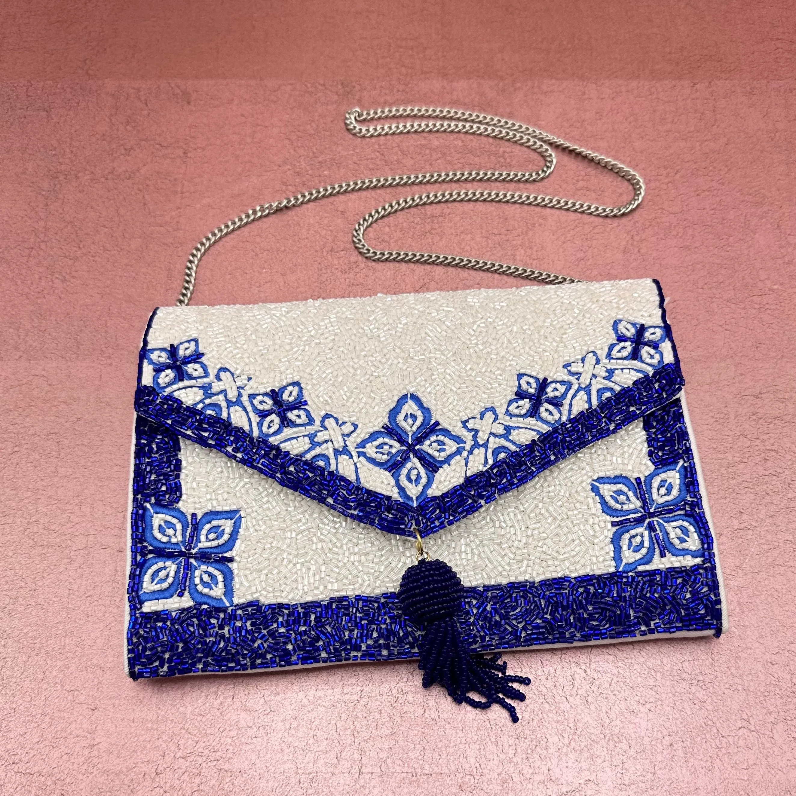 Blue Floral Tassel Beaded Clutch
