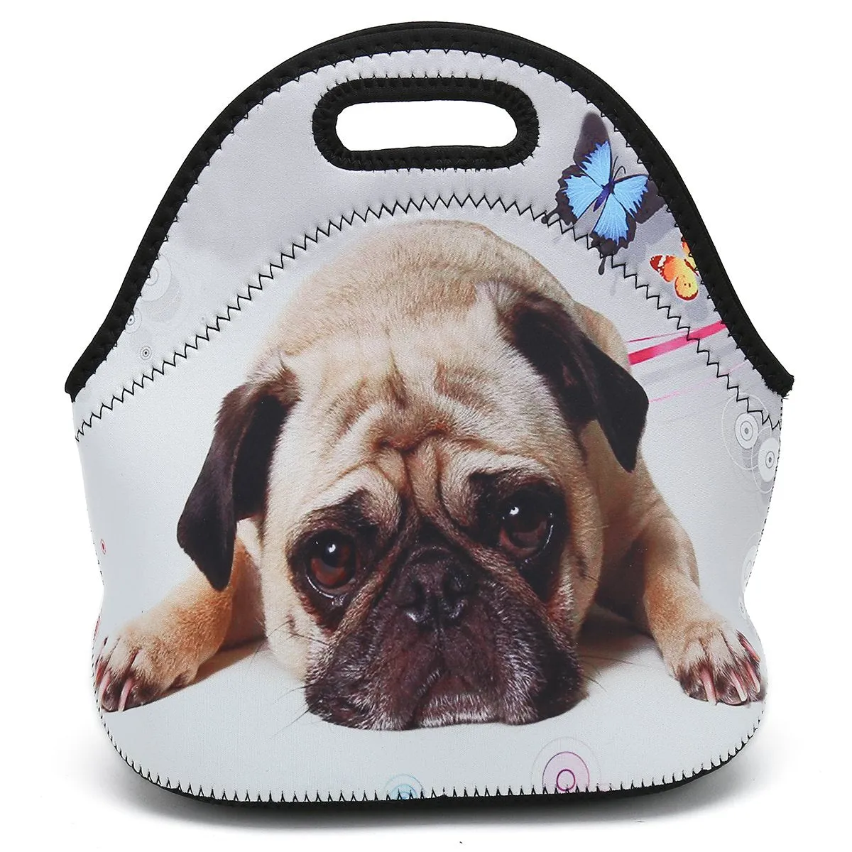 Boys Girls Kids Women Adults Insulated School Travel Outdoor Thermal Waterproof Carrying Lunch Tote Bag Cooler Box Neoprene Lunchbox Container Case (Cute Pug)