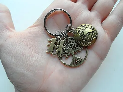 Bronze Tree & World Globe Charm Keychain with Kids Charm; School or Preschool Teacher & Volunteer Appreciation Keychain