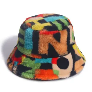 Bucket Hats Winter Soft Warm Adjustable Multicolour Rainbow Faux Fur Letter Pattern
