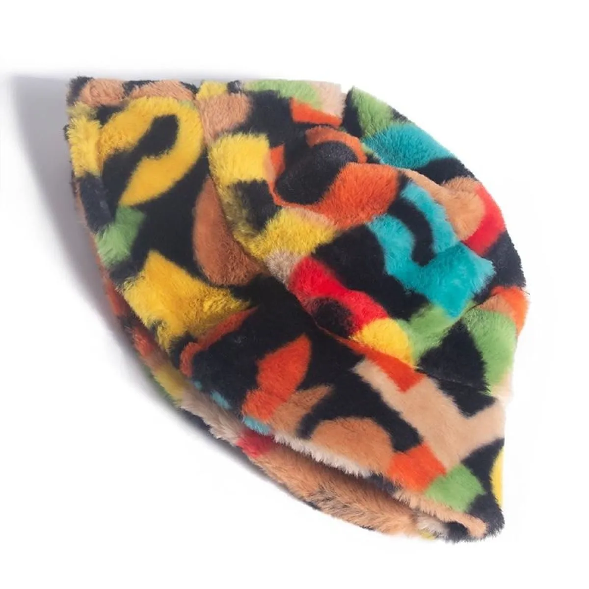 Bucket Hats Winter Soft Warm Adjustable Multicolour Rainbow Faux Fur Letter Pattern