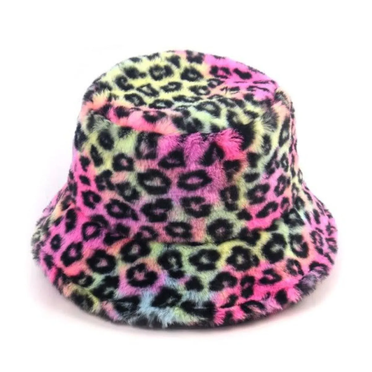 Bucket Hats Winter Soft Warm Adjustable Multicolour Rainbow Faux Fur Letter Pattern