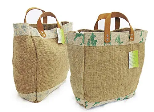 Burlap Tote by AAYU Exclusive Quality | 3 PCS Set | Medium Women's Burlap Tote Bag with Genuine Leather Handles | Brown Color | Eco-Friendly and Natural Materials | Size 14 X 11 X 6 Inch