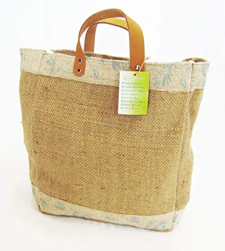 Burlap Tote by AAYU Exclusive Quality | 3 PCS Set | Medium Women's Burlap Tote Bag with Genuine Leather Handles | Brown Color | Eco-Friendly and Natural Materials | Size 14 X 11 X 6 Inch
