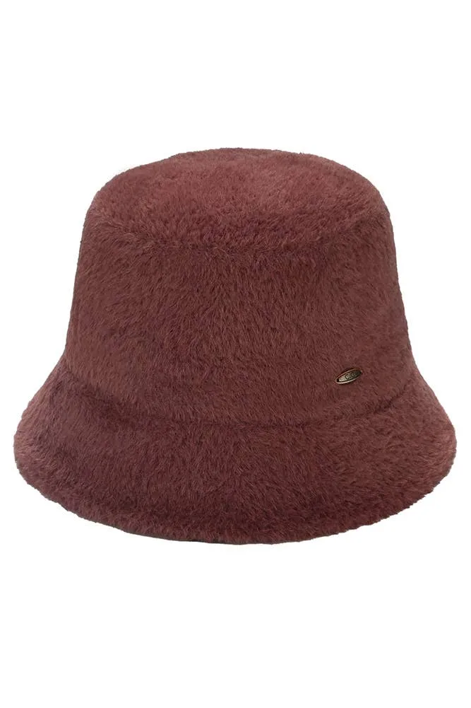 C.C Solid Short Hair Faux Fur Winter Bucket Hat: Burgundy