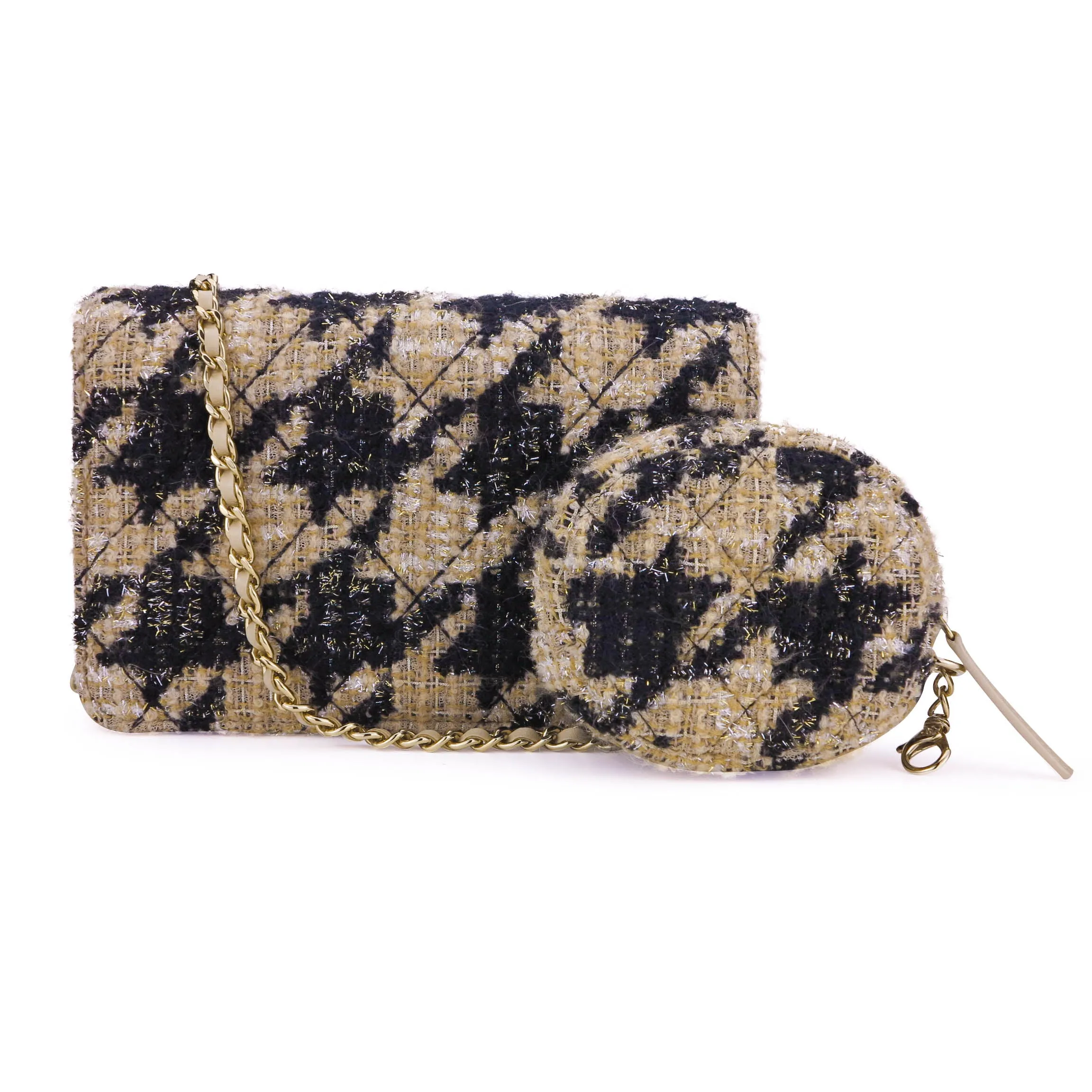 Chanel 19 Houndstooth Beige Black Tweed Wallet On Chain WOC