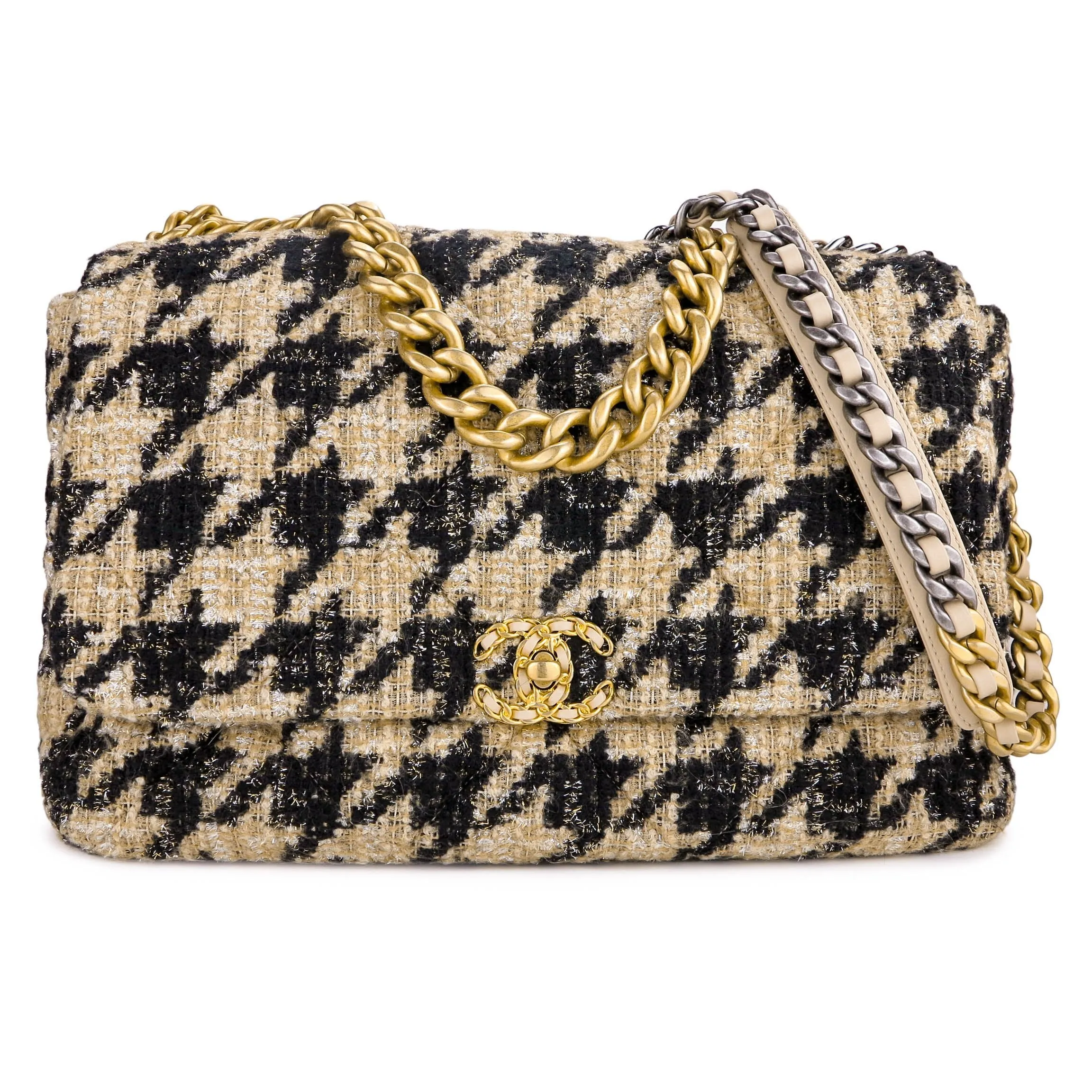 CHANEL 19 Maxi Flap Bag in Beige Black Houndstooth Tweed