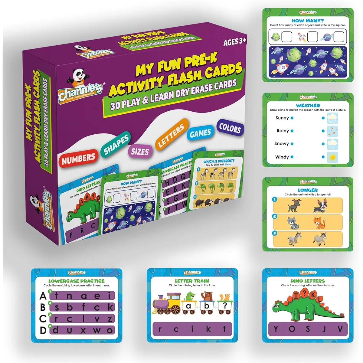 Channie's My Fun Pre-K Activity Flash Cards - 30 Kindergarten Dry Erase Educational Cards for Ages 3  - Playful Learning Activities, Games, Coloring, Tracing Letters & Numbers, Counting and More