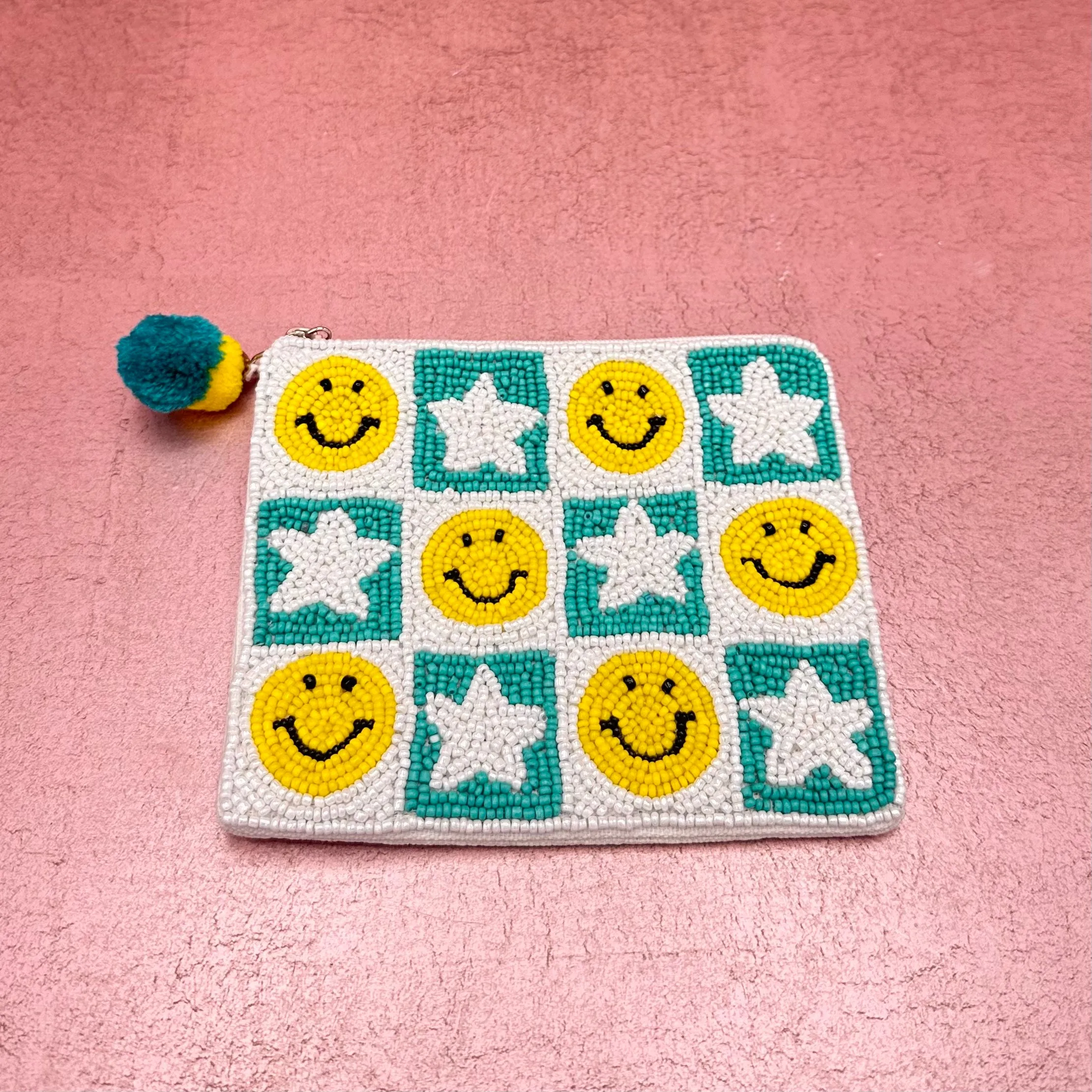 Checker Smiley Face Beaded Coin Purse Turquoise