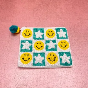 Checker Smiley Face Beaded Coin Purse Turquoise