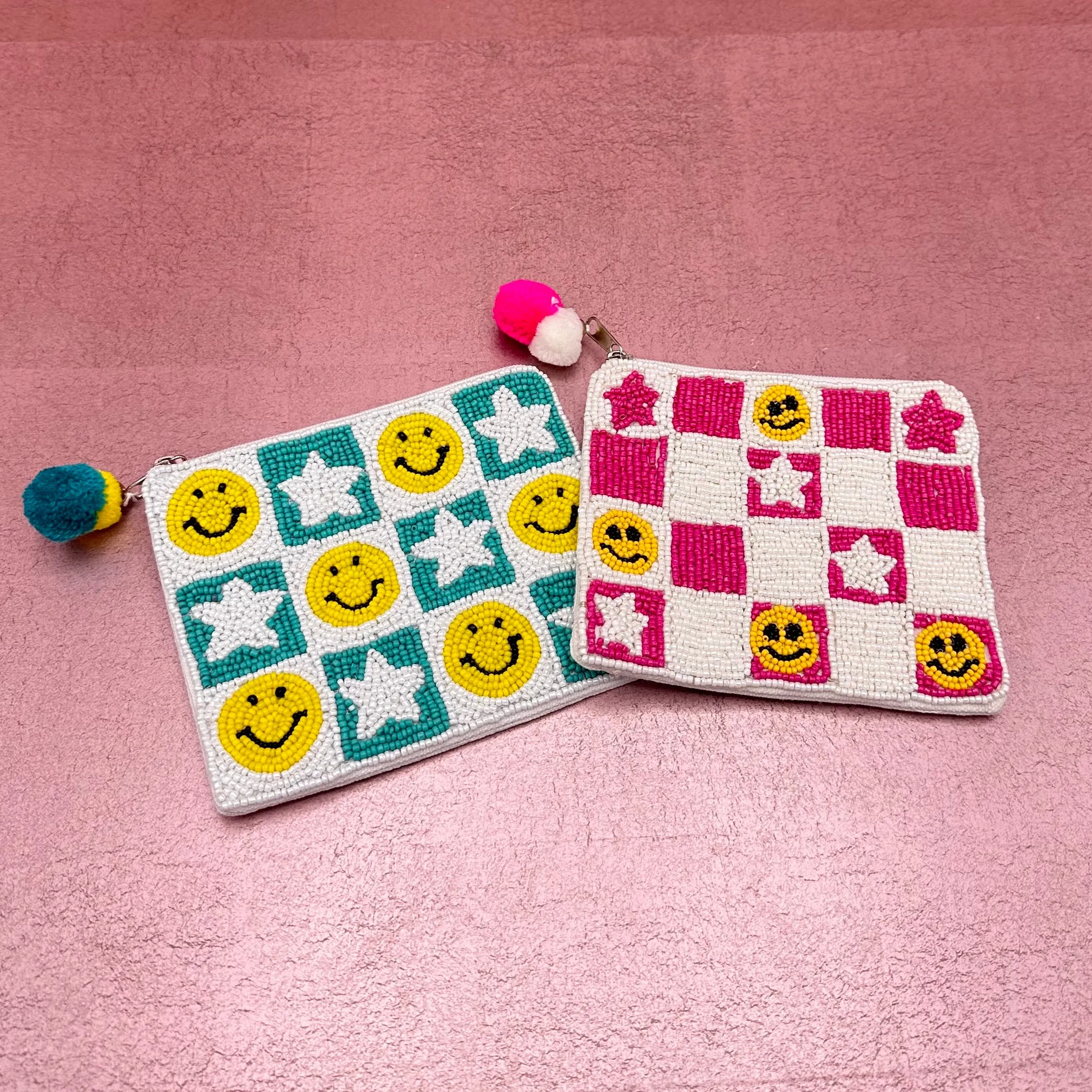 Checker Smiley Face Beaded Coin Purse Turquoise