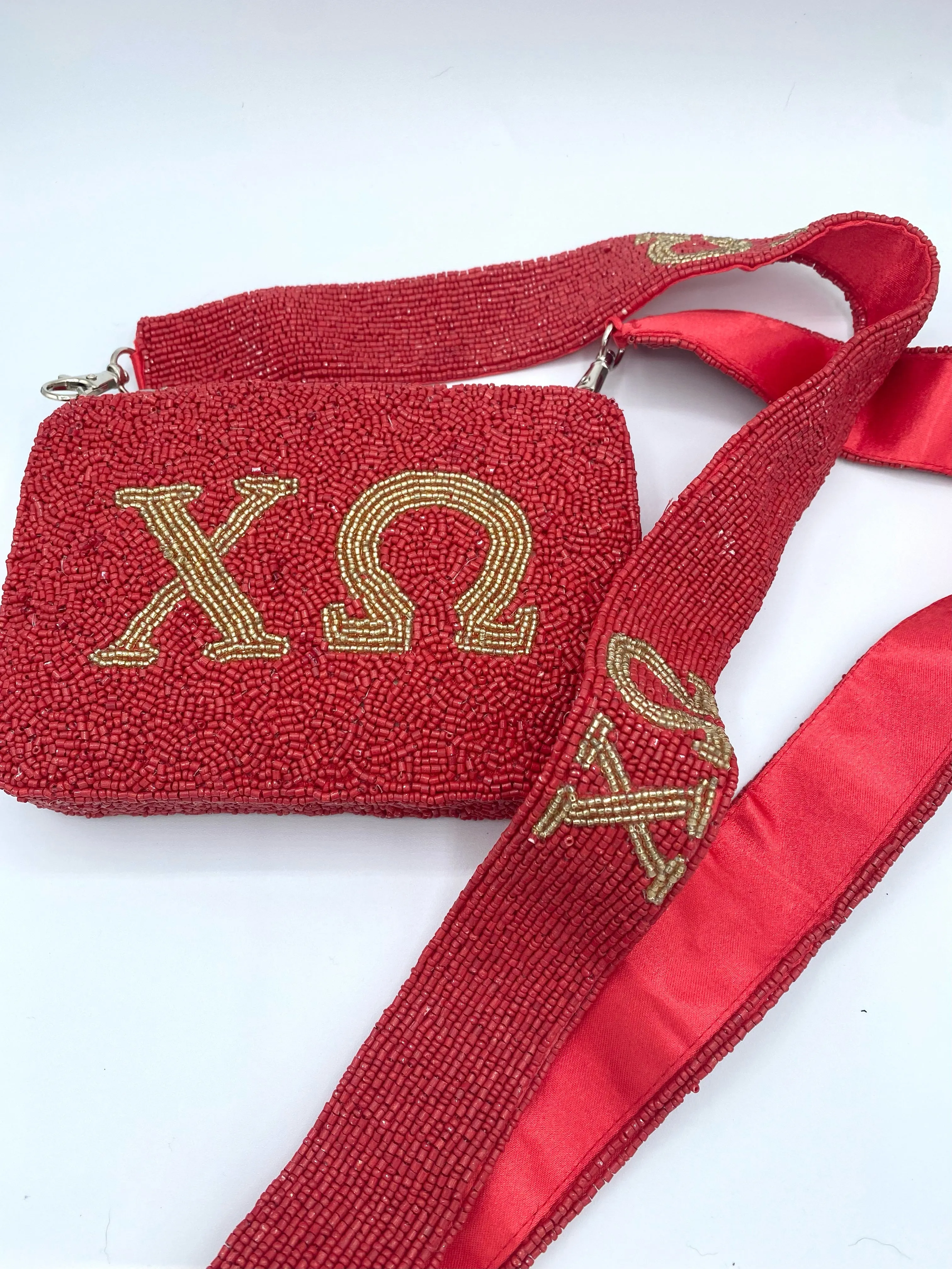 Chi Omega Sorority Beaded Handbag with Purse Strap