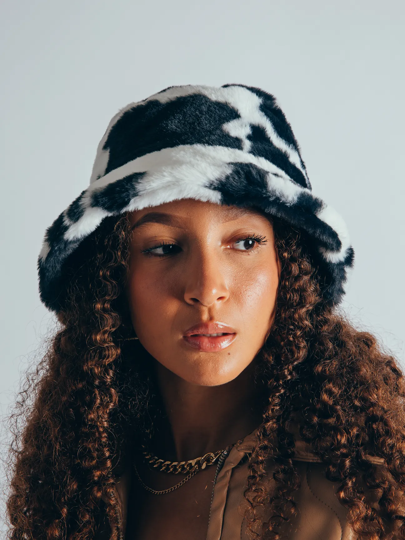 Cow Print Faux Fur Bucket Hat