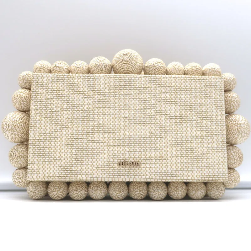 Cult Gaia Eos Beaded Raffia Clutch Bag Beige