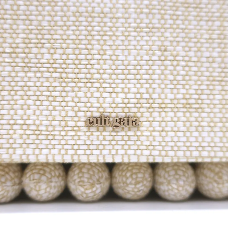 Cult Gaia Eos Beaded Raffia Clutch Bag Beige