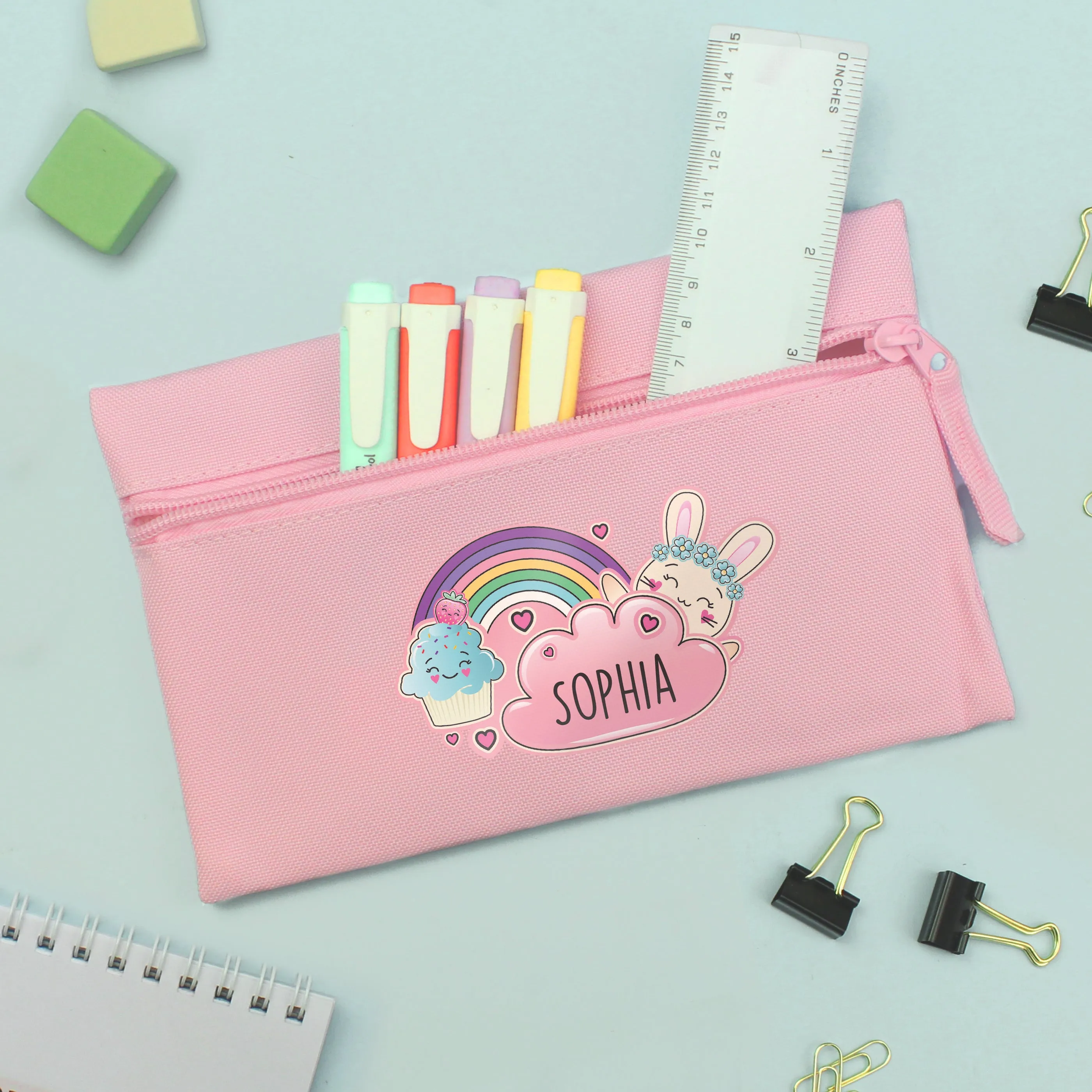 Cute Rainbow Bunny Pink Personalised Pencil Case