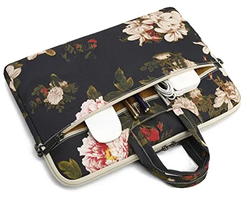 Dachee Black Peony Patten Waterproof Laptop Shoulder Messenger Bag Case Sleeve for 14 Inch 15 Inch Laptop Case Laptop Briefcase 15.6 Inch