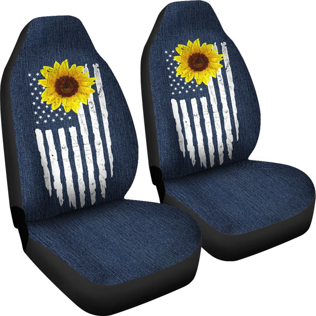 Distressed American Flag With Rustic Sunflower on Dark Blue Jean Faux Denim Style Car Seat Covers