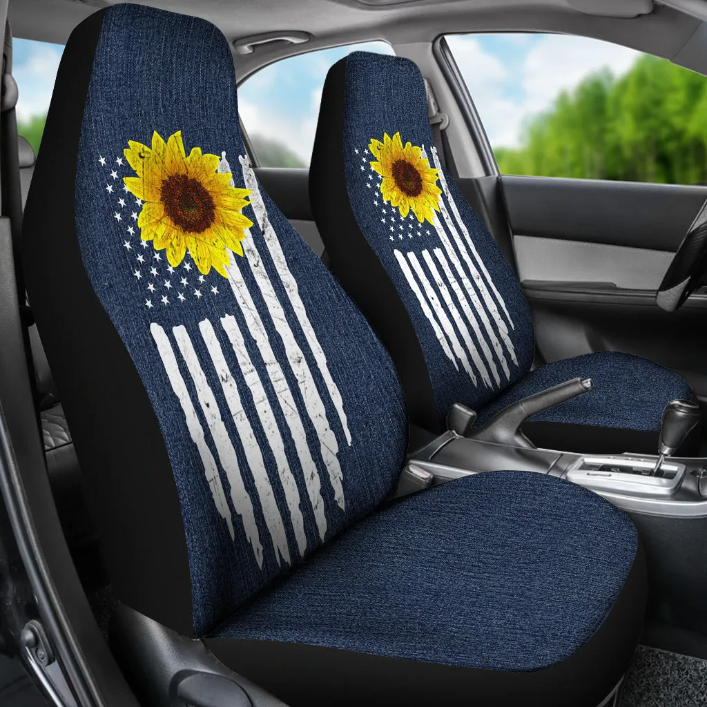 Distressed American Flag With Rustic Sunflower on Dark Blue Jean Faux Denim Style Car Seat Covers