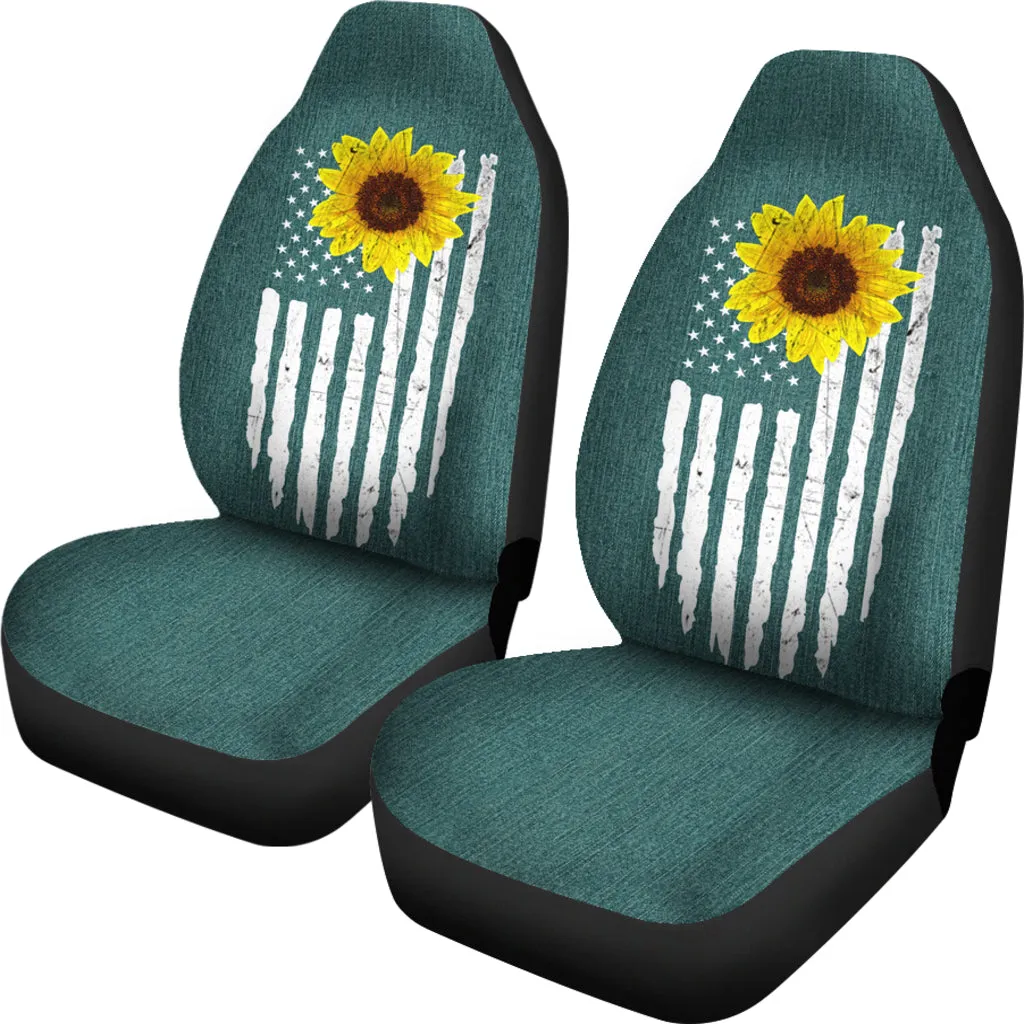 Distressed American Flag With Rustic Sunflower on Teal Faux Denim Style Car Seat Covers