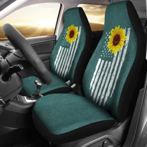 Distressed American Flag With Rustic Sunflower on Teal Faux Denim Style Car Seat Covers