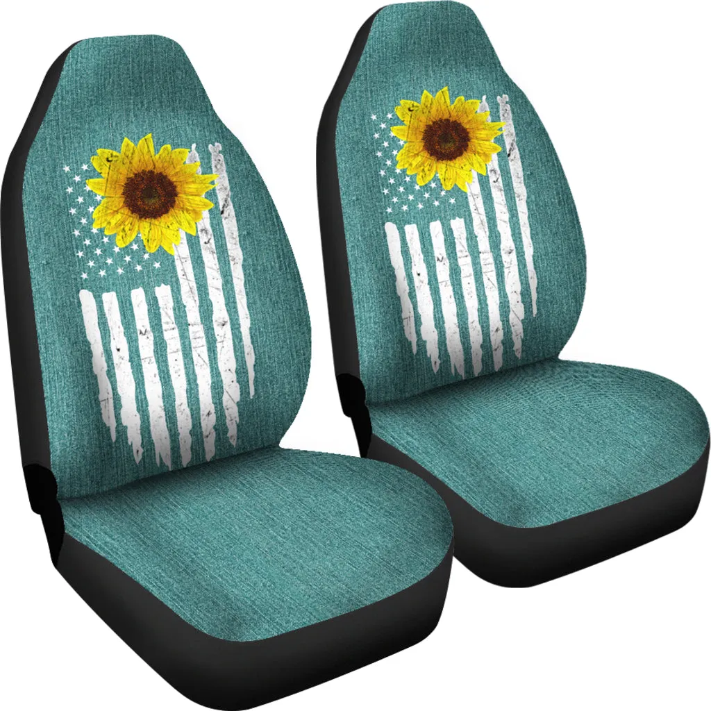 Distressed American Flag With Rustic Sunflower on Turquoise Faux Denim Style Car Seat Covers