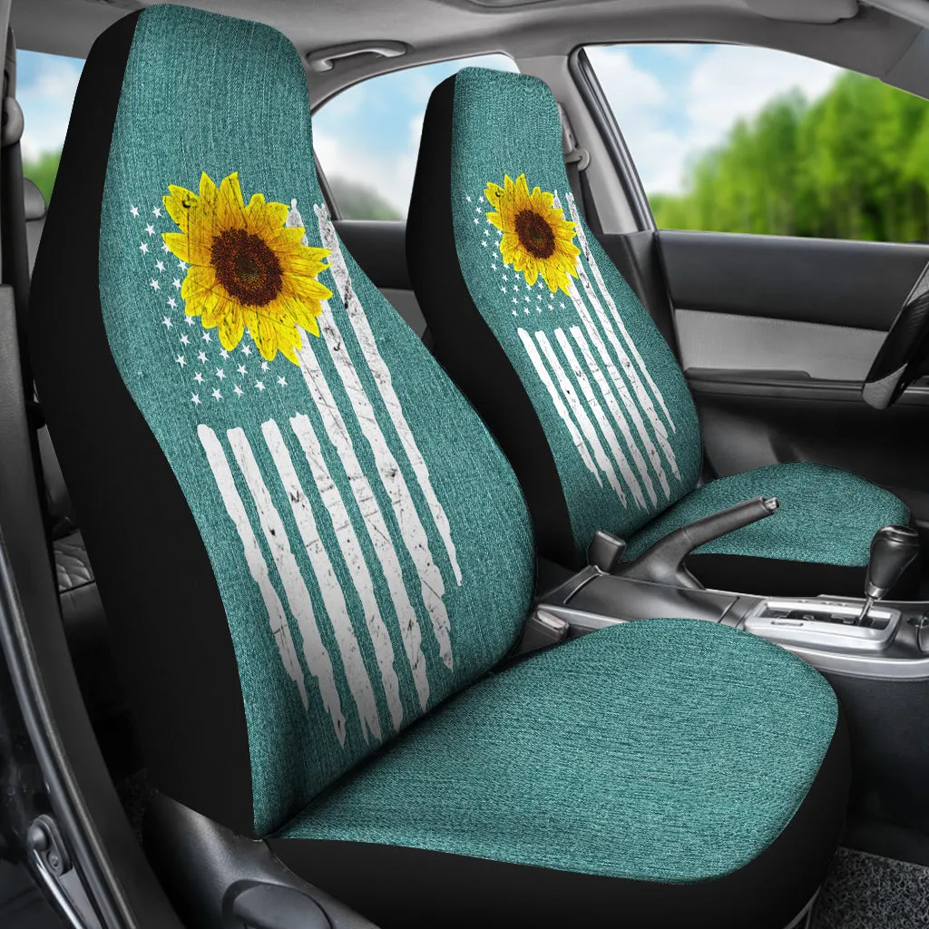 Distressed American Flag With Rustic Sunflower on Turquoise Faux Denim Style Car Seat Covers