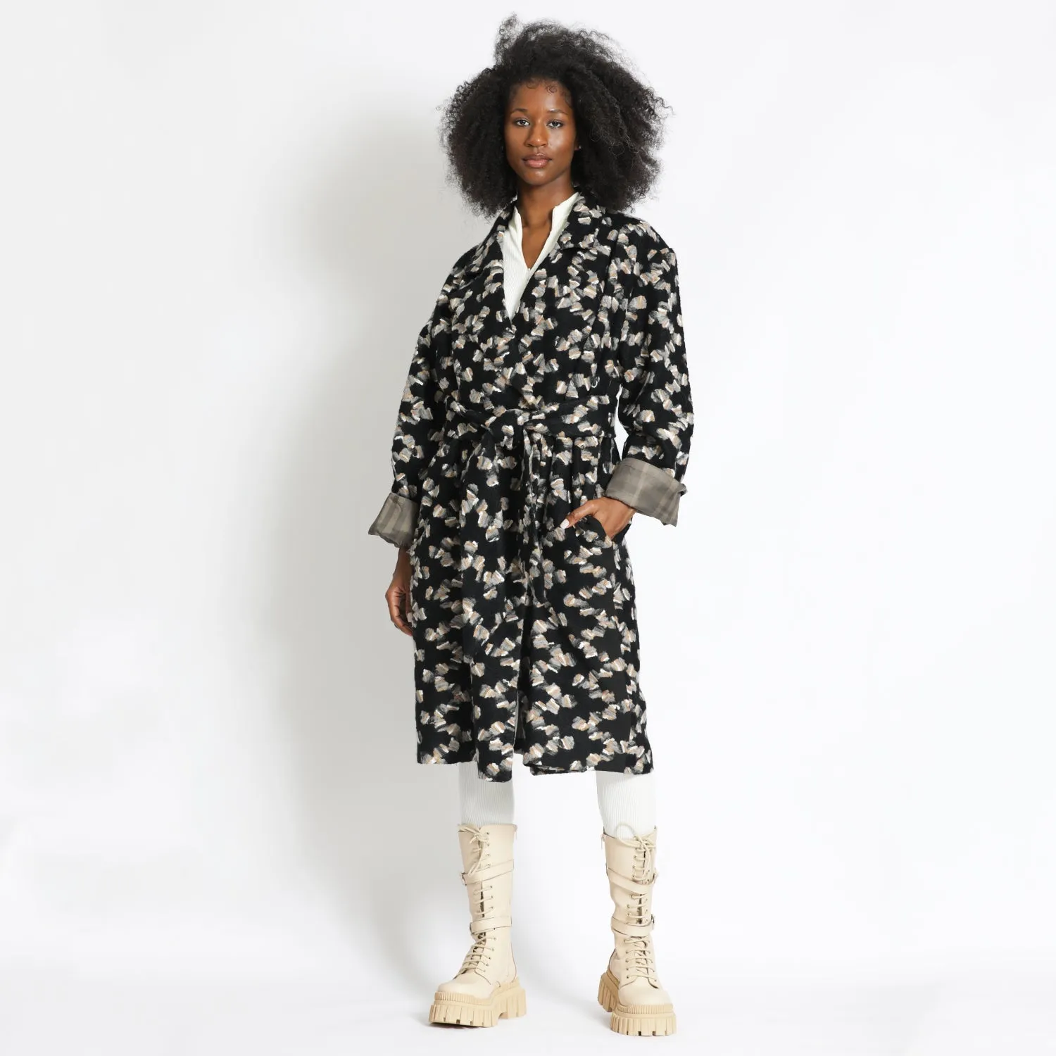 Embroidered Double-Breasted Coat in Black and Beige