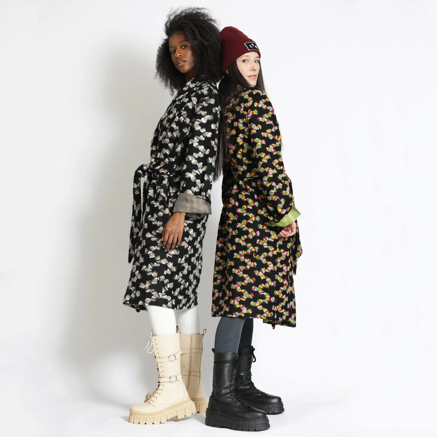 Embroidered Double-Breasted Coat in Black and Beige
