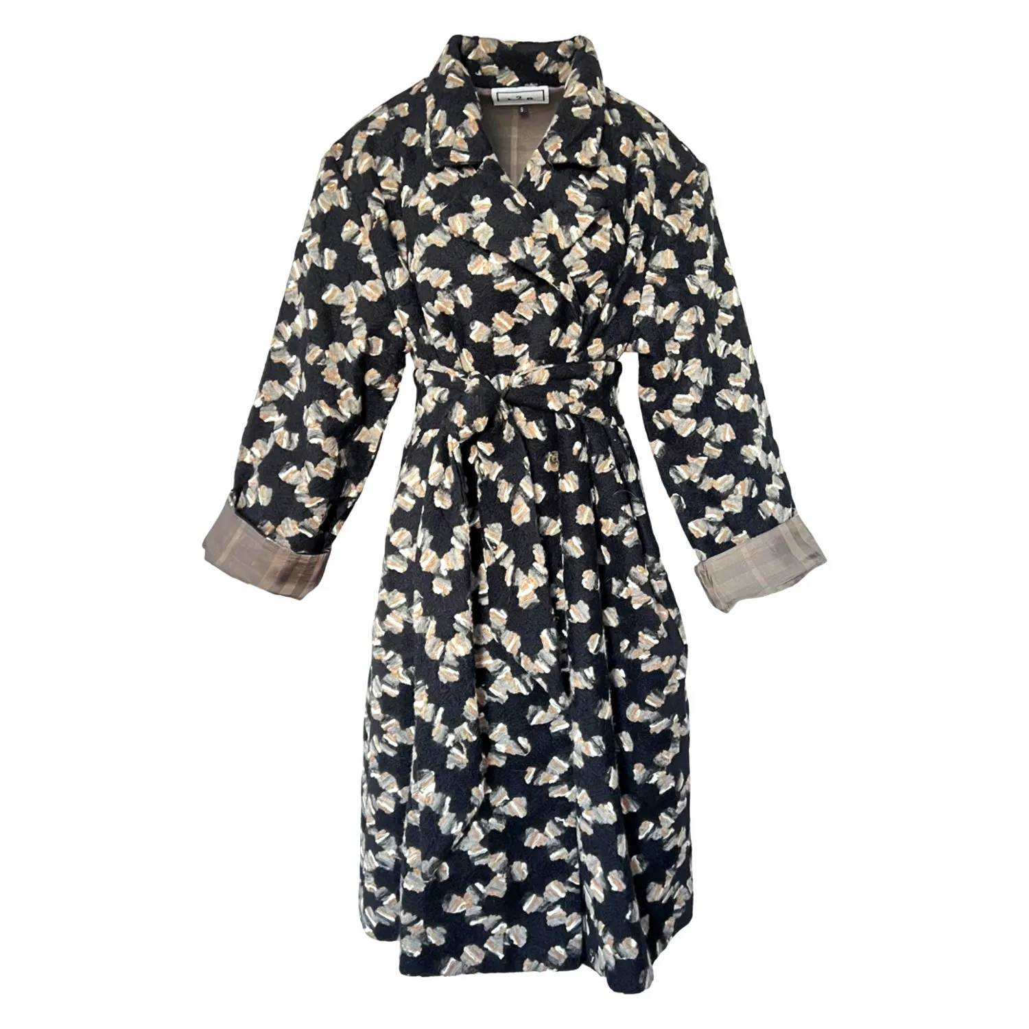 Embroidered Double-Breasted Coat in Black and Beige